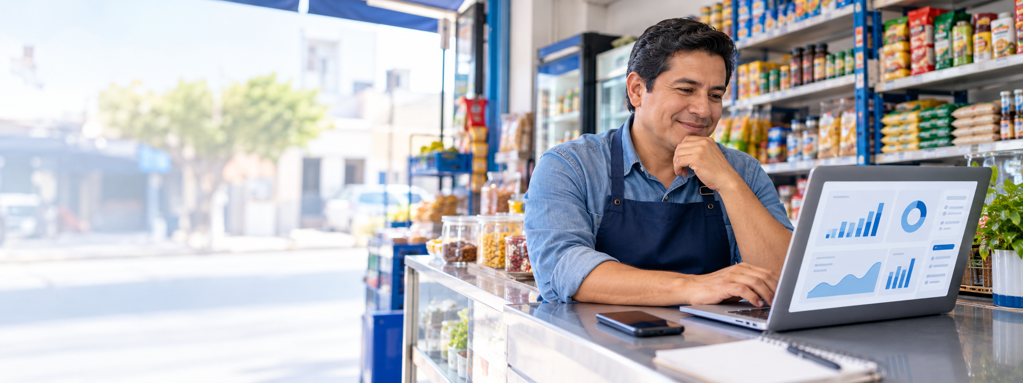 Empresario peruano revisando información de su negocio en una laptop